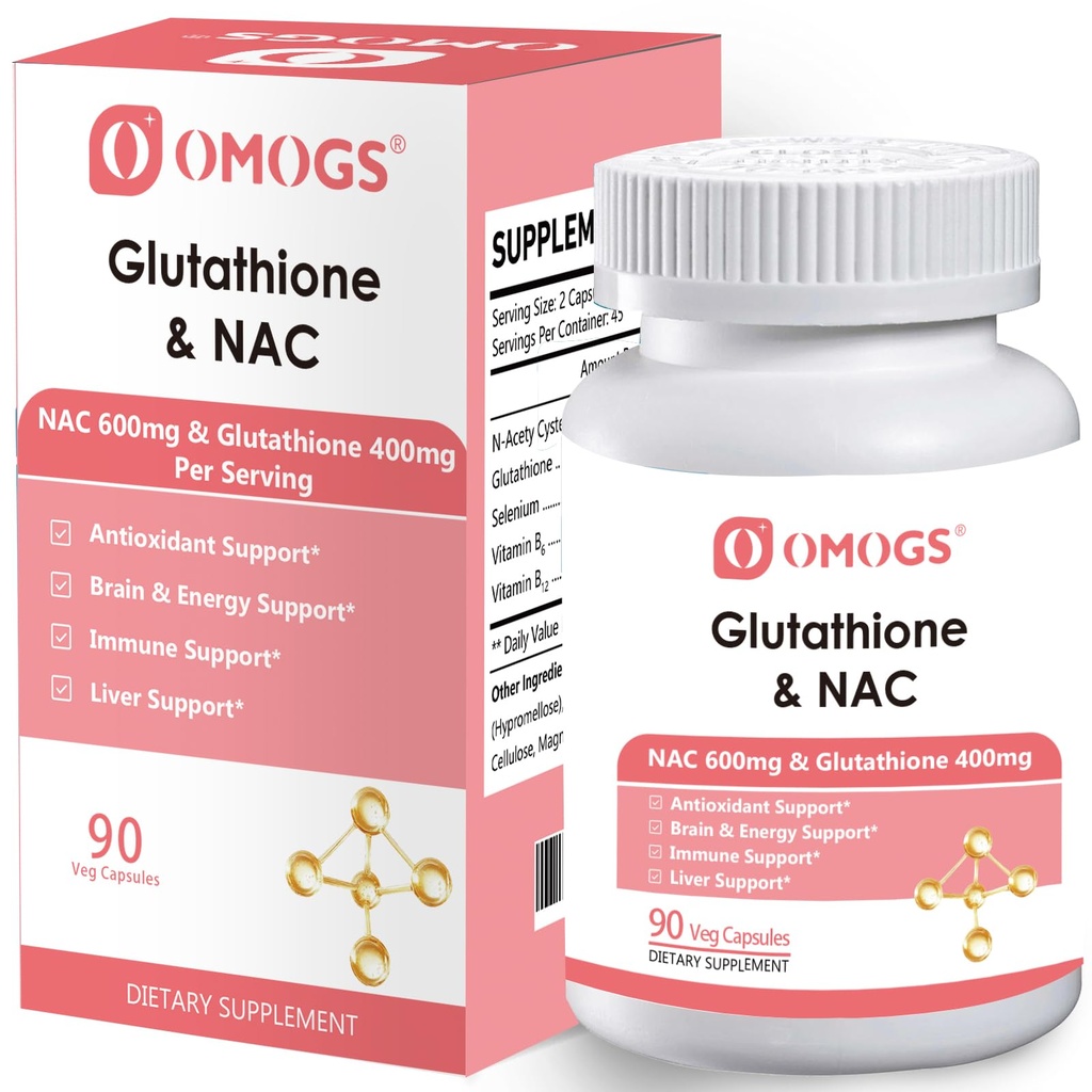 OMOGS Glutathione & NAC תוסף, עם vtamin B & Selenium, תומך בריאות Liver, תאים, Antioxidant, ייצור אנרגיה & Immune, טבעוני & Gluten-Free, 90 Veg כמוסות.