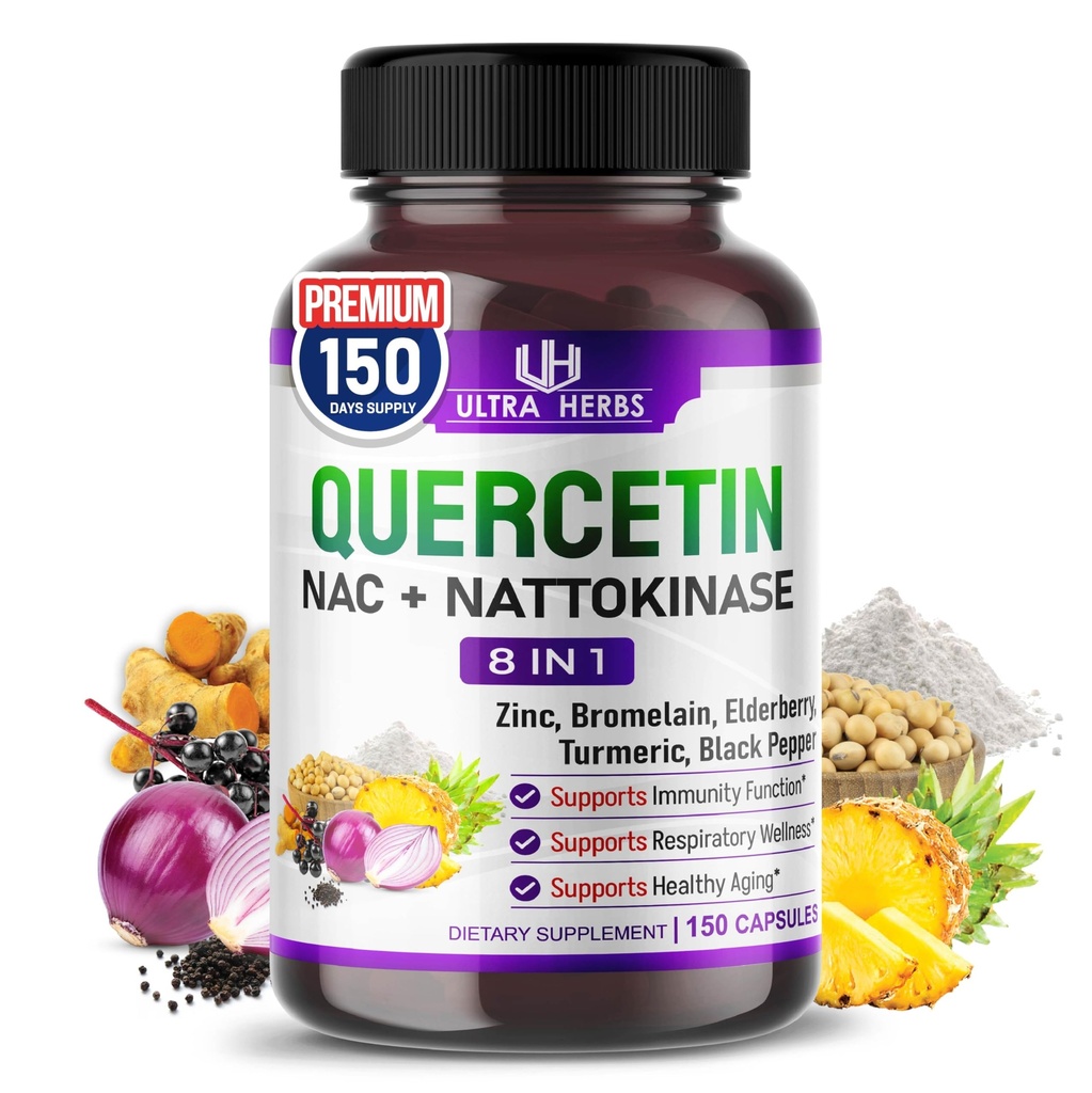 תוסף Quercetin עם Bromelain, ויטמין C ו Zinc, Nattokinase, NAC, Elderberry, Elderberry | 8 1 Ultra Antioxidant Complex for Immune Health | 150 קפסולות