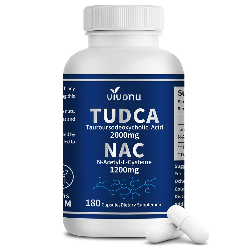 Vivo Nu TUDCA 2000mg + NAC 1200 מ"ג תוספי קפסולות מורכבות, Powerful TUDCA Bile מלח + N Acetyl Cysteine, Antioxidant תוספים עבור Liver & Lung & Gallbladder ניקוי,ion - 180 קפסולות