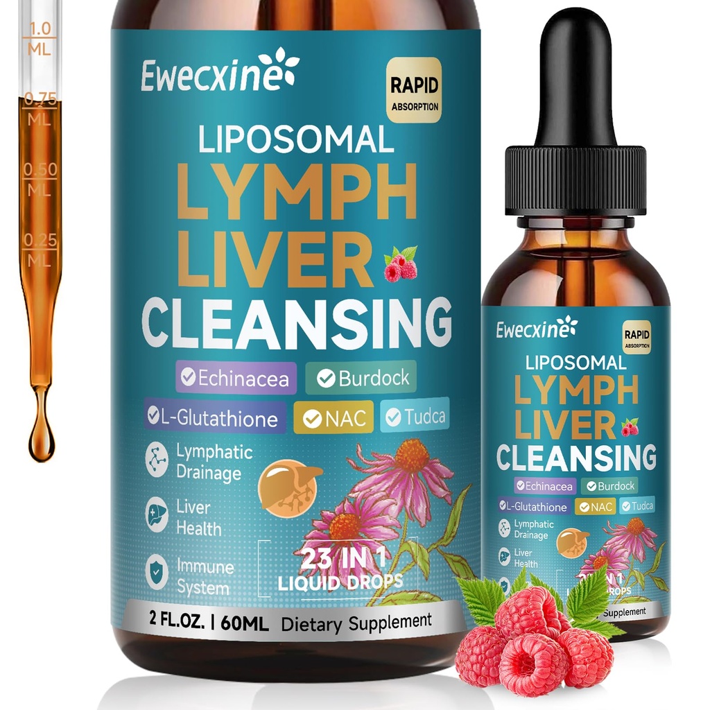 Liposomal Lymphatic Drainage & Livenkse טיפות, 23-in-1 עם Echinacea, NAC, TUDCA, L-Glutathione, Burdock for Lymph, Liver Detox & תיקון, Immune Support, Raspberry Flavor, 2 oz oz תוסף תוספת תוספת תוספת תוספת