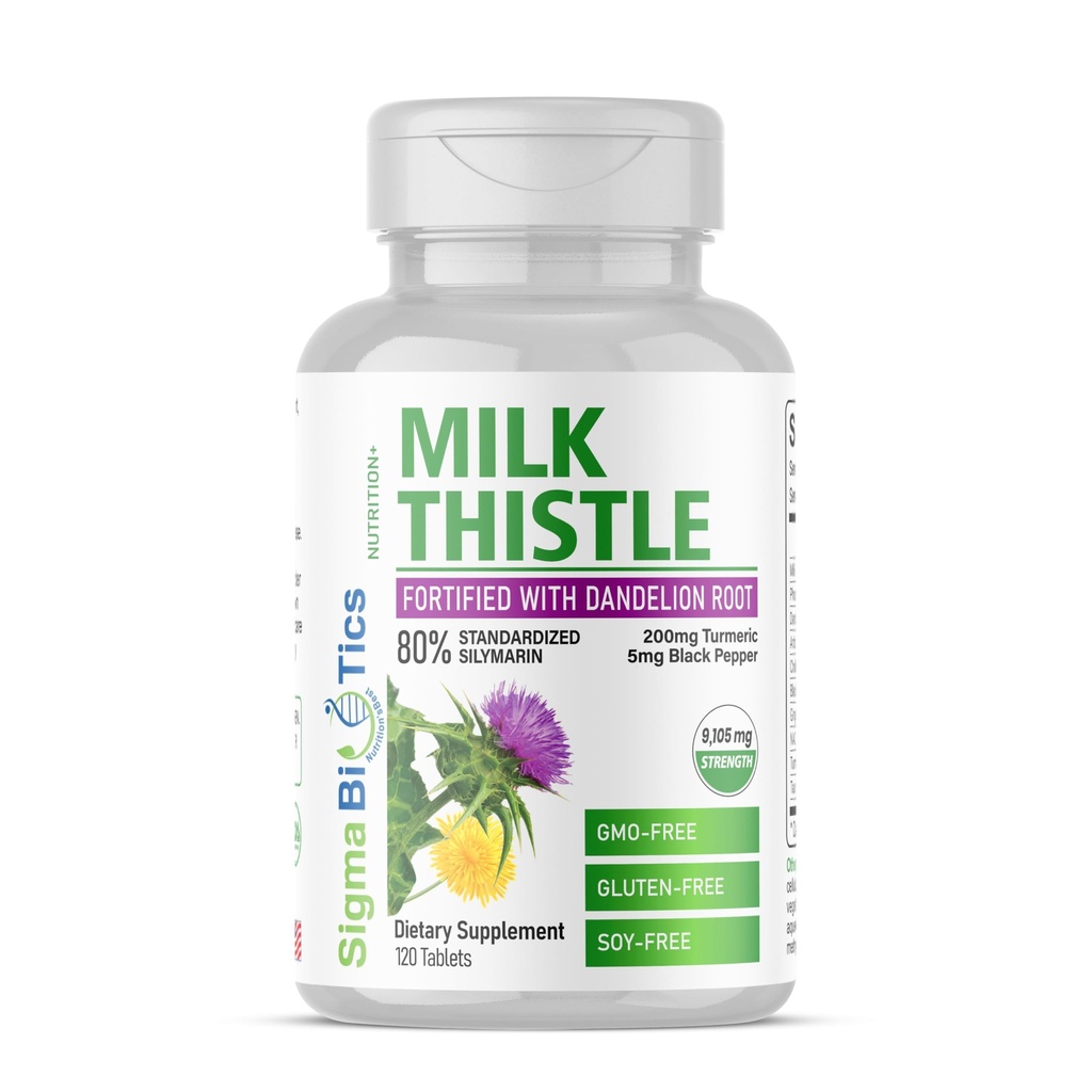 חלב Thistle Extract 9105mg - Fortified with Dandelion Root, Turmeric, Black Pepper, NAC, Choline & Turine - 80% סטנדרטי Silymarin לתמיכה Liver - GMO-Free, Gluten-Free, Soy-Free 120 Tablets