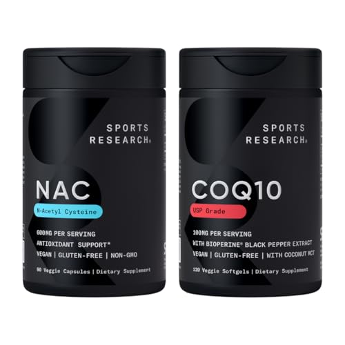 מחקר ספורט ® Antioxidant Support Pack - N-Acetyl L-Cysteine (NAC) 600 מ"ג, CoQ10 100 מ"ג משופר W/Coconut Oil & Bioperine - טבעוני Non-GMO) Gluten Freeten Freeten Free Gluten