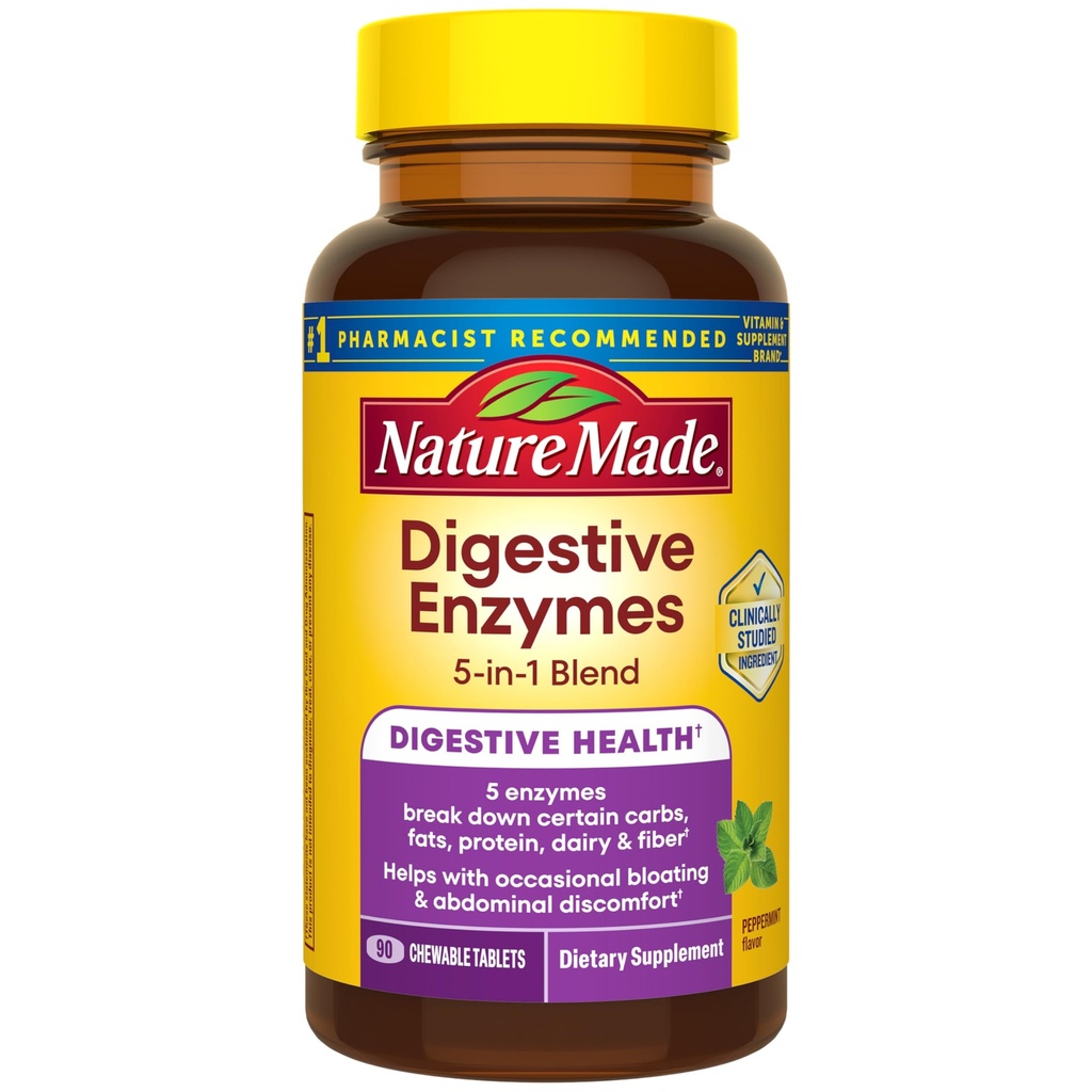 Nature Made Digestive Enzymes 5-in-1 בלנדר, תמיכה בבריאות העיכול, 90 טבליות Chewable, 30 יום אספקה