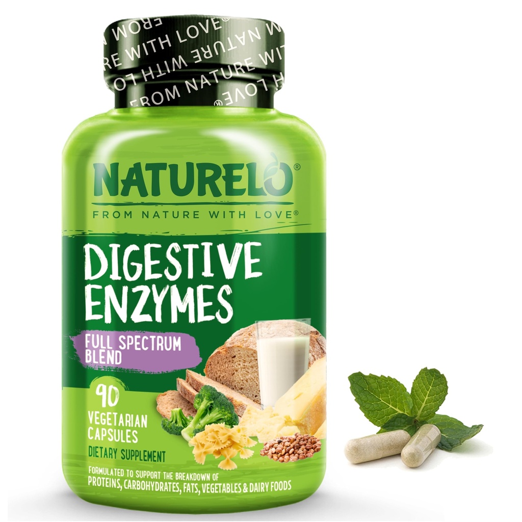 NATURELO Digestive Enzymes - תמיכה בספקטרום מלא עם תערובת רחבה של 15 Enzymes פלוס ג'ינג'ר - 90 קפסולות טבעוניות