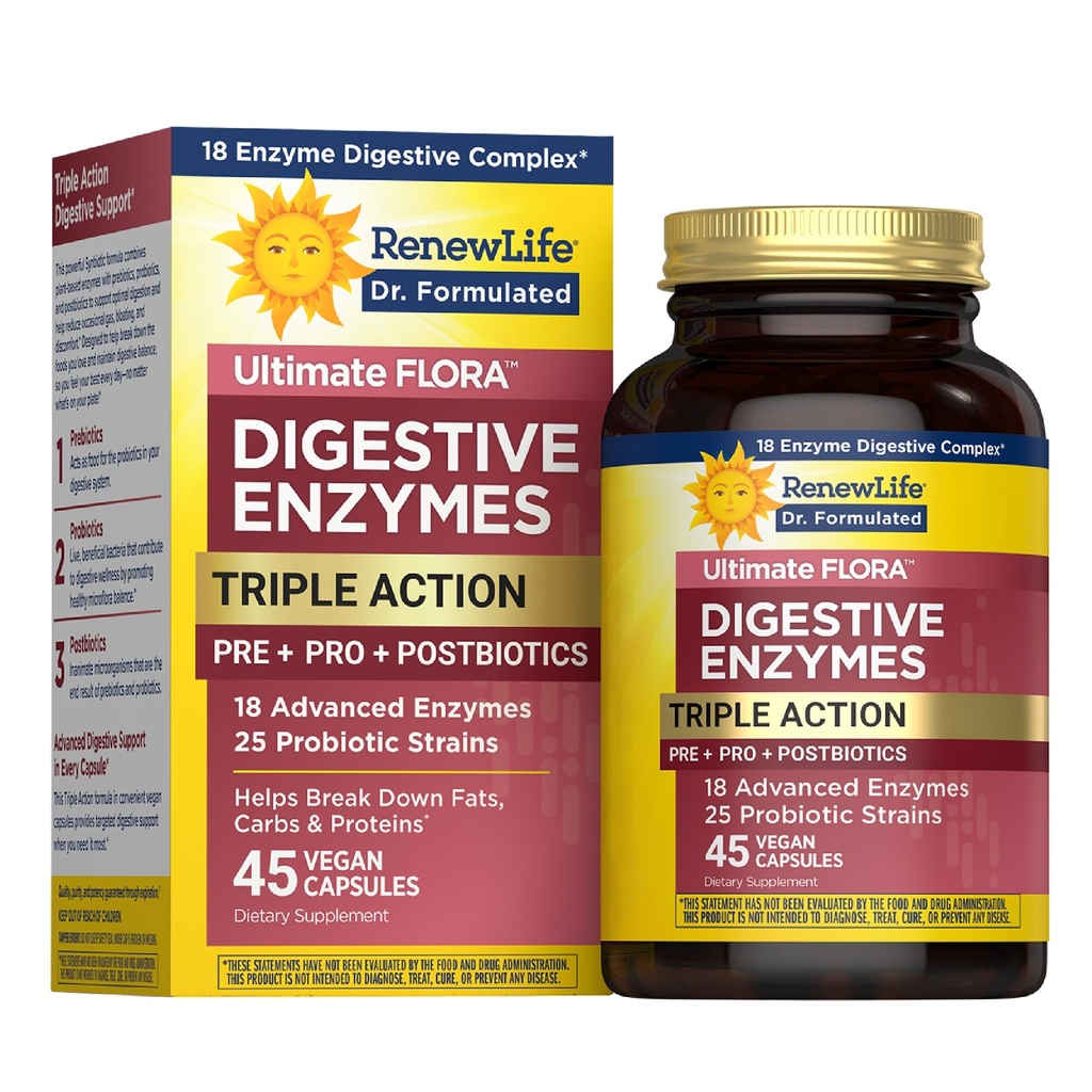 Renew Life Ultimate Floora Digestive Enzymes with Probiotics and Prebiotics | הדוקטור פורמולה | 45 קפסולות טבעוניות | Eases Occasional Gas, Bloating & Discomfort