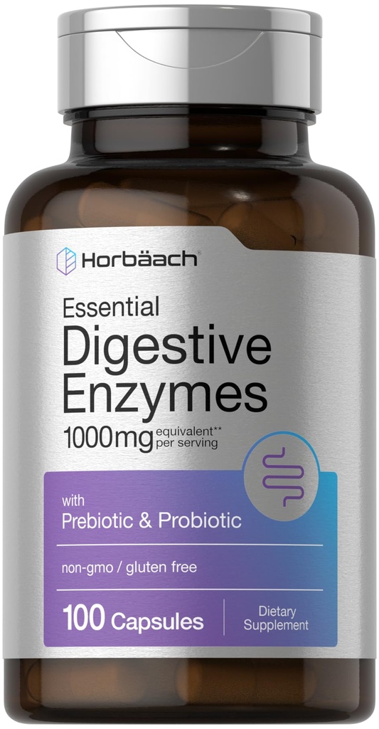 Horbäach Essential Digestive Enzymes | 100 קפסולות | Enzyme Band for Men & Women | Non-GMO & Gluten Free Supplement