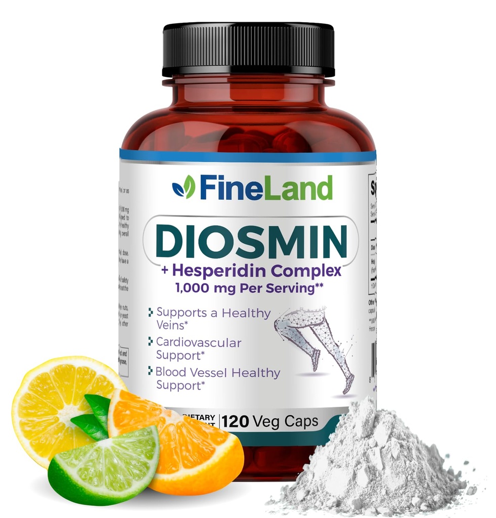 FineLand Diosmin & Hesperidin Complex, Premium Advanced Formula, 1000 מ"ג, Blood Flow and Circulation Support, 120 קפסולות, 100% טבעוני, כל טבעי