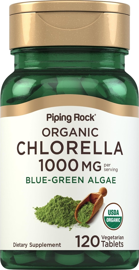 Piping Rock Chlorella | 1000mg | 120 טבליות | Blue-Green Algae | Broken Cell Wall Organic | Non-GMO, Gluten Free Supplement