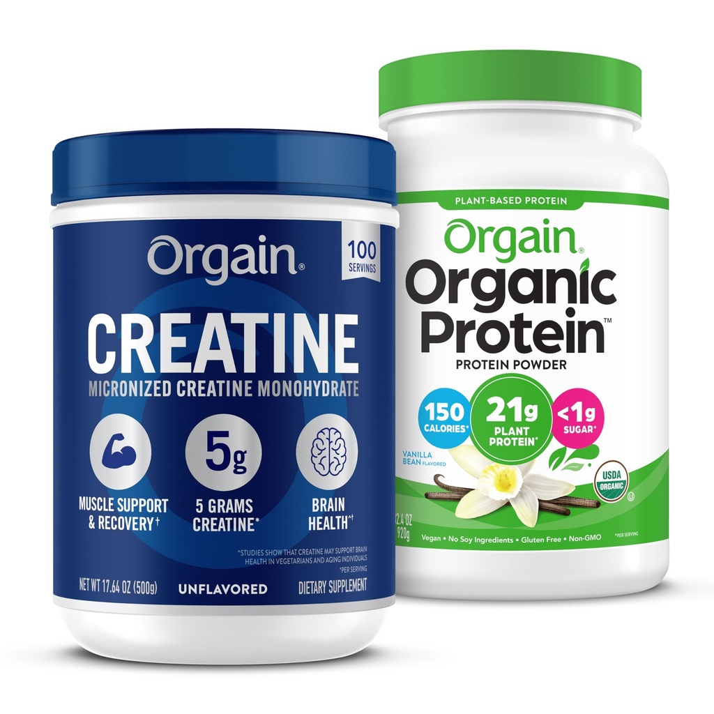 Orgain Creatine Monohydrate אבקה 17.64 Oz (100 משרתים) & אורגני Vanilla Bean חלבון אבקת 2.03 lb Bundle - חלבון מבוסס צמחים ותמיכה שרירים