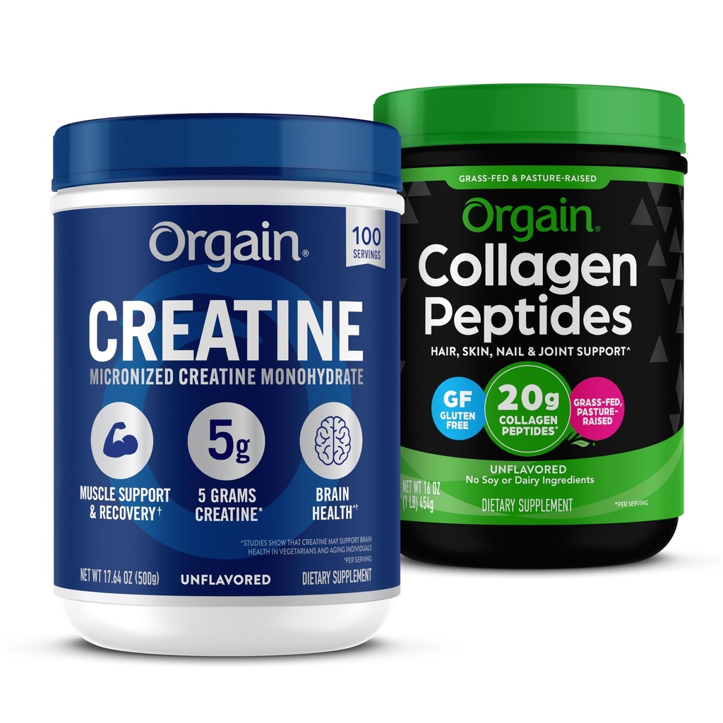 Orgain Creatine Monohydrate אבקת 17.64 Oz (100 משרתים) & Collagen Peptides אבקת 1lb (g Grass פד) Bundle - Unflavored, non-GMO תוספי עבור שריר, המוח, העור ותמיכה משותפת