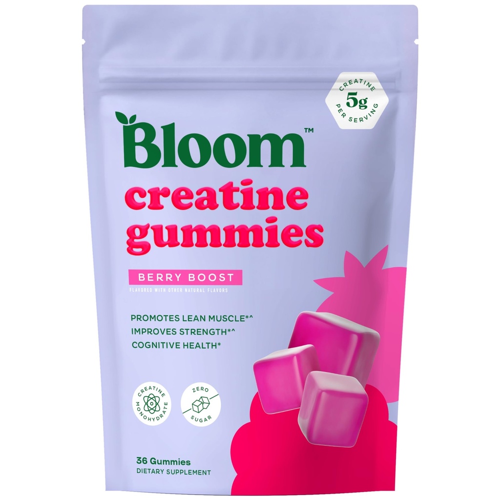 בלום Creatine Monohydrate Gummies, 5g Per משרת, סוכר חינם Creatine Gummy for Workout, כוח, בריאות קוגניטיבית & Lean שריר תמיכה, Gluten Free & Non GMO, ברי Boost, 36 מסטיקנים, 12 SVGG