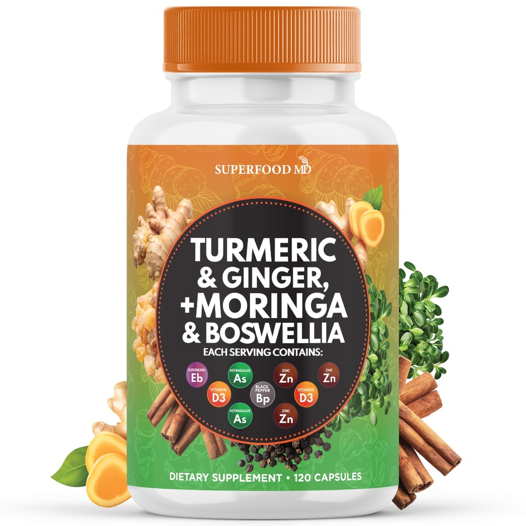 Turmeric Moringa תוסף | ג'ינג'ר, Boswellia, Saffron, Holy Basil- Joint Support Supplement for Women and Men with Ceylon Cinnamon, Quercetin, Tart Cherry- 120 Count