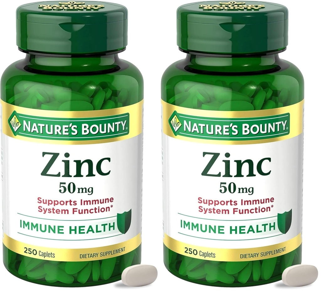 Nature's Bounty Zinc 50mg, Immune Support & Antioxidant תוסף,Promotes Skin Health,1 Caplet Per Day, gluten Free, 250 Vegetarian Caplets,(Pack של 2)