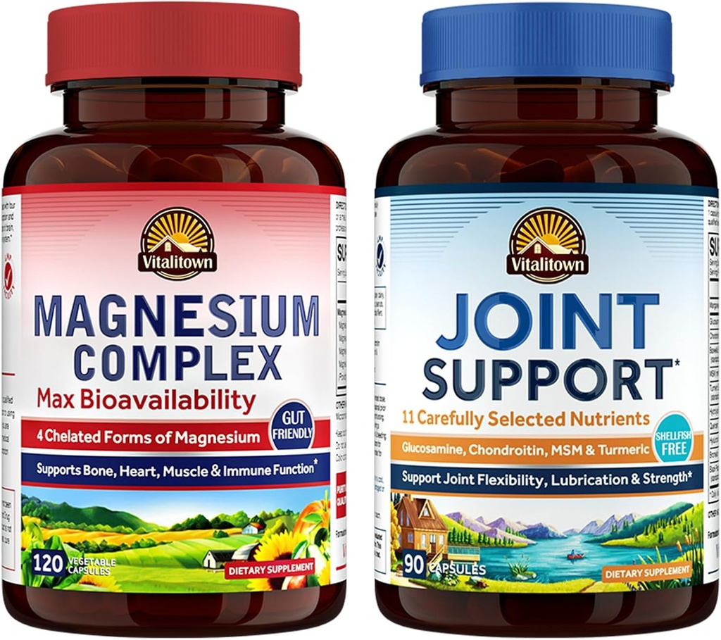 Vitalitown Magnesium + Glucosamine Chondroitin MSM Bundle (Pack of 2); Magnesium Complex (Item 1) & תמיכה משותפת * (Item 2) | 120 מגהנזיום קפסולות ו-90 קפסולות משותפות