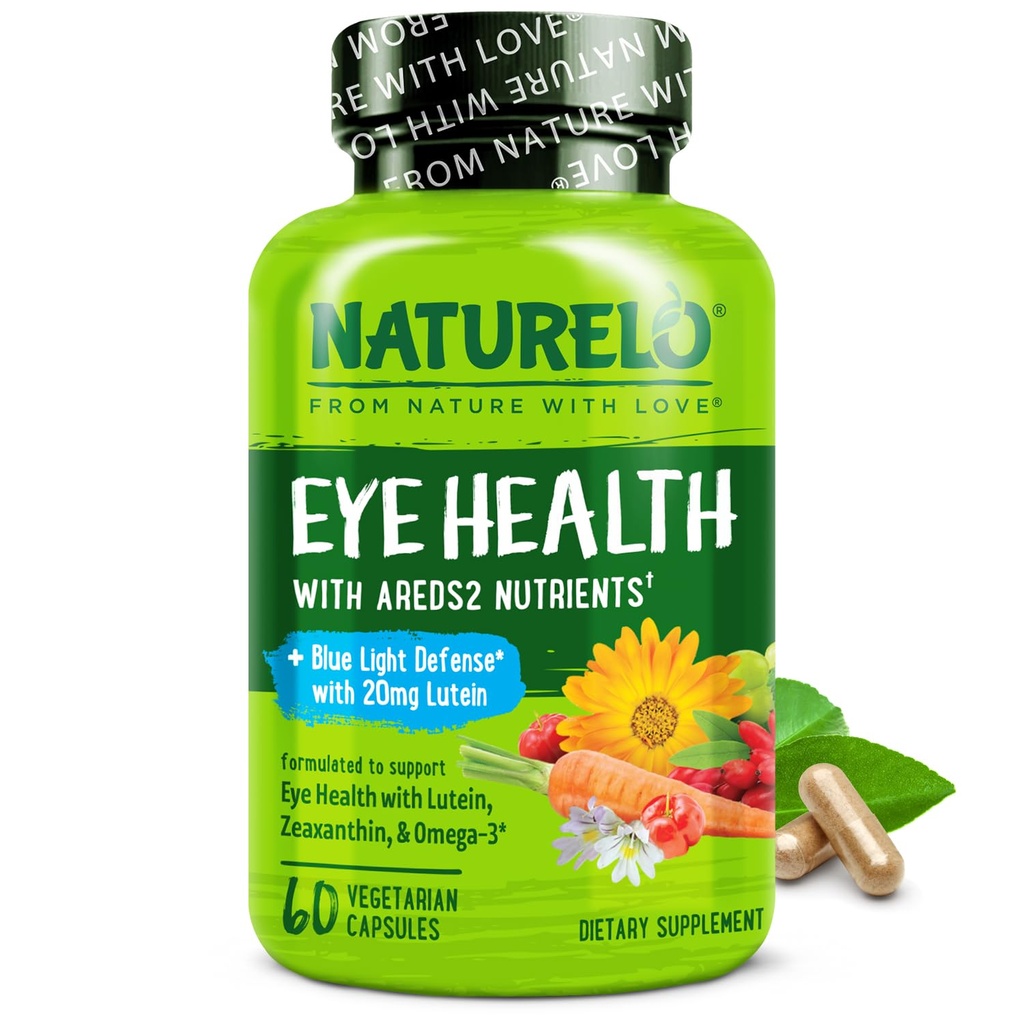ויטמין עין NATURELO - הםDS 2 פורמולה חומרים מזינים עם Lutein, Zeaxanthin, ויטמין C, E, Zinc, Plus DHA - תוספת לעיניים יבשות, חזון בריא, תמיכה בעין - 60 קפסולות טבעוניות