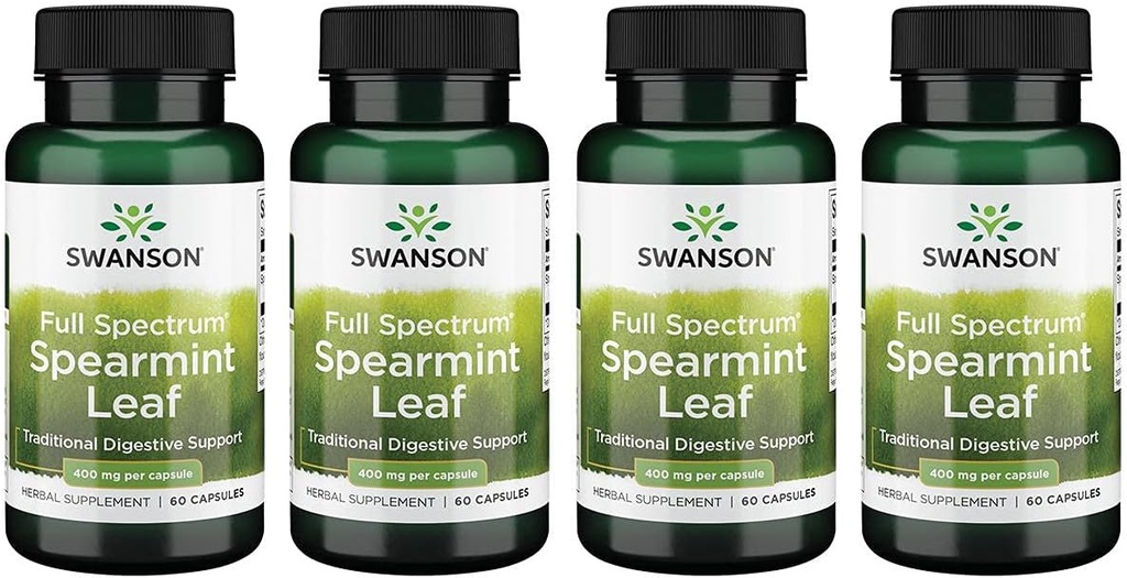 Swanson Spearmint Leaf (Mentha Spicata)-Full Spectrum Herbal תוסף תומך בבריאות העיכול ' &' Mild Stomach בעיות - (60 קפסולות, 400 מ"ג כל) 4 Pack