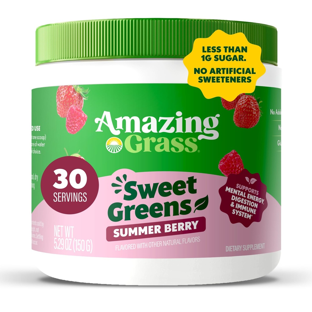 Amazing Grass Sweet Greens and Superfoods Powder for Digestive Health, Greens Powder, Digestive Enzymes, Probiotics, Spirulina, Chlorella, Summer Berry, 30 Servings