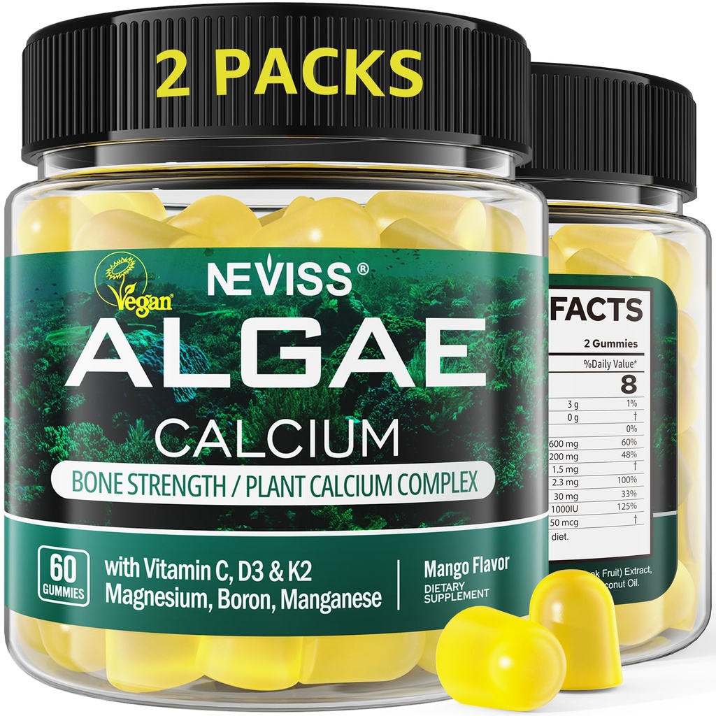 (2 Pack) Calcium Gummies לנשים, סוכר חינם Calcium תוספת של אלגה בת קיימא (3rd Party Tested) עם ויטמין D3 K2, C, Zinc, Boron, Manganese עבור כוח העצם, Calcium Absoption, טבעוני