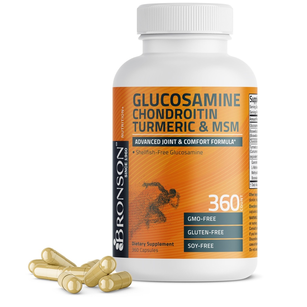 Bronson Glucosamine Chondroitin Turmeric & MSM מתקדם Joint & Cartilage פורמולה, תומך משותףים בריאים, ניידות ו Cartilage - non-GMO, 360 קפסולות