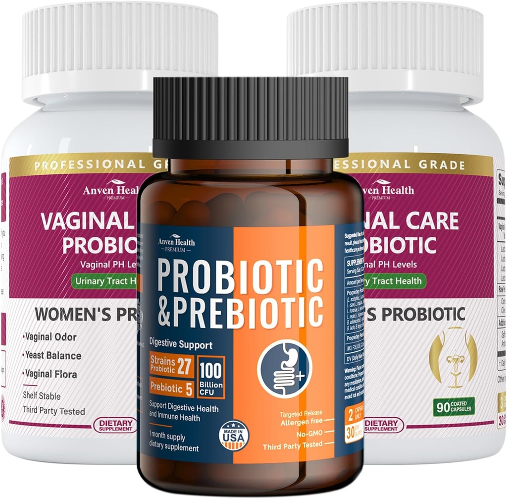 נשים Vaginal Probiotics + 100 מיליארד פרוביוטיקה עם אורגני Prebiotics for Gut Digestive & Immune Health Bundle - Total Wellness, Inside and Out!