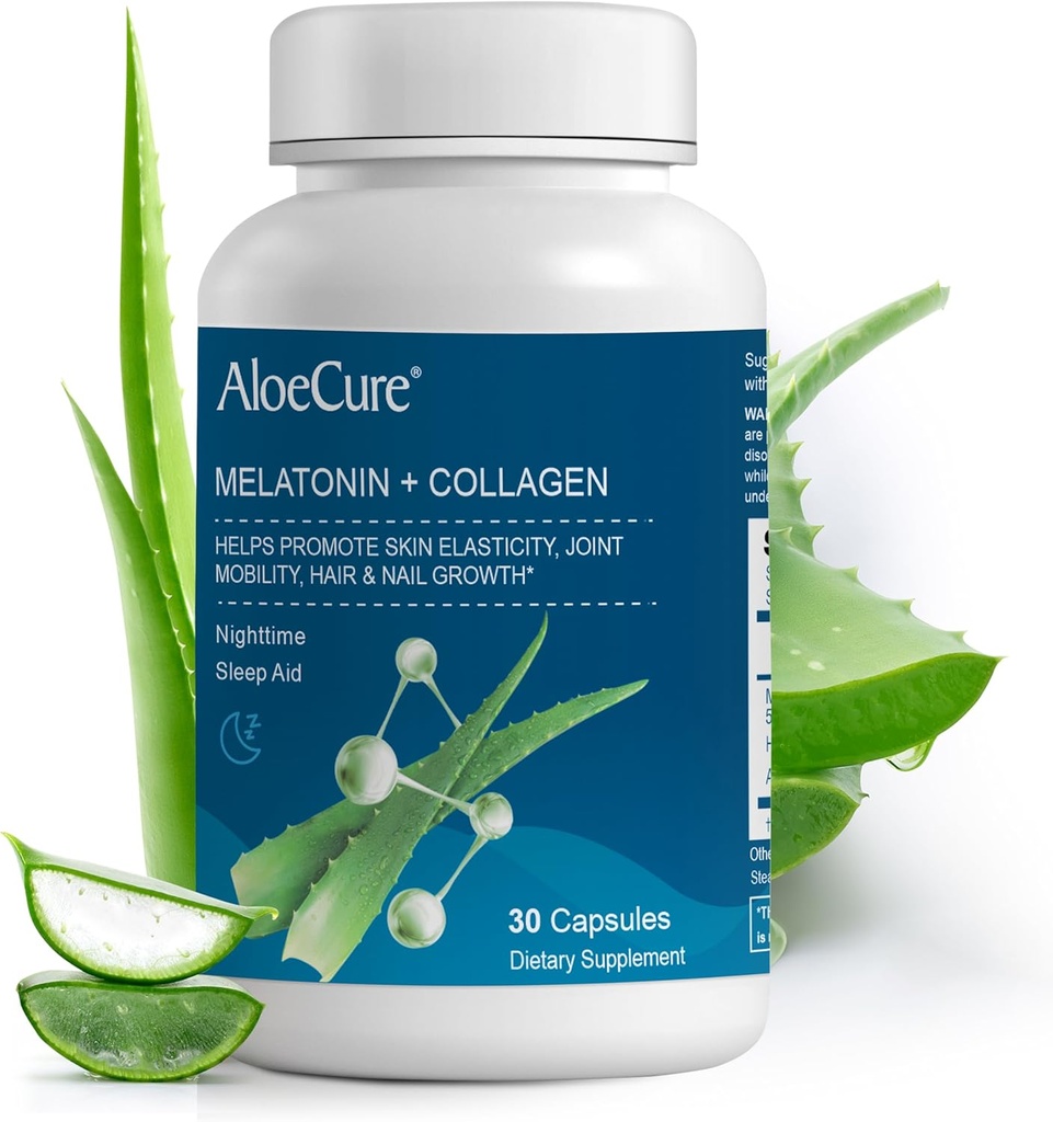 AloeCure Natural Melatonin + Collagen עם אורגני Aloe Vera - תוסף שינה טבעי עבור לילות מנוחה - תרכובת Collagen לחוזק משותף, Skin Odyssey, Hair & Nail growth, 30 קפסולות