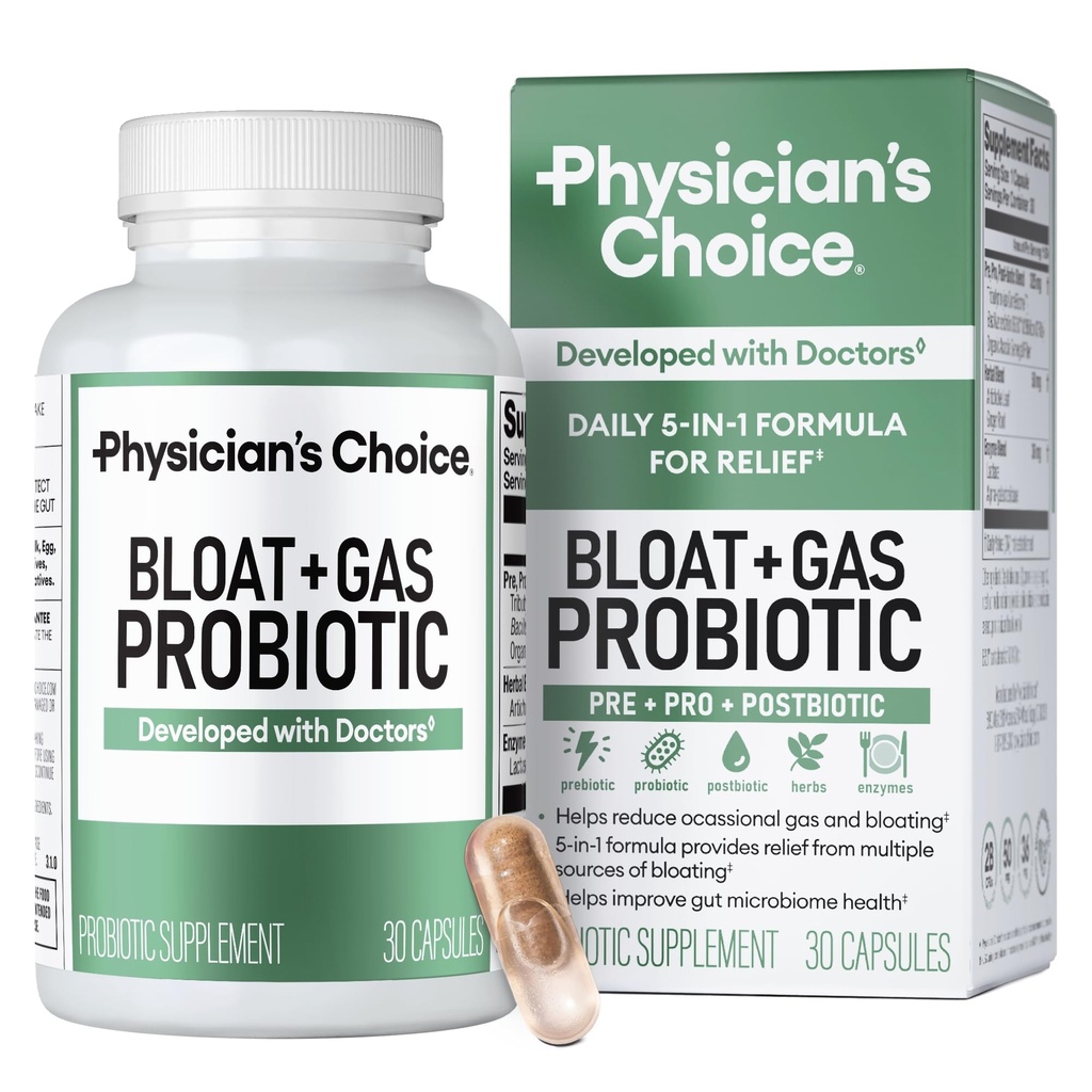 CHOICE Bloat & Gas Probiotic 5in-1 Proactive Support + Daily Relief - Digestion & Gut Health-Herbals, Enzymes, Post & Prebiotics - סיוע גז למבוגרים - נשים וגברים - 30ctct