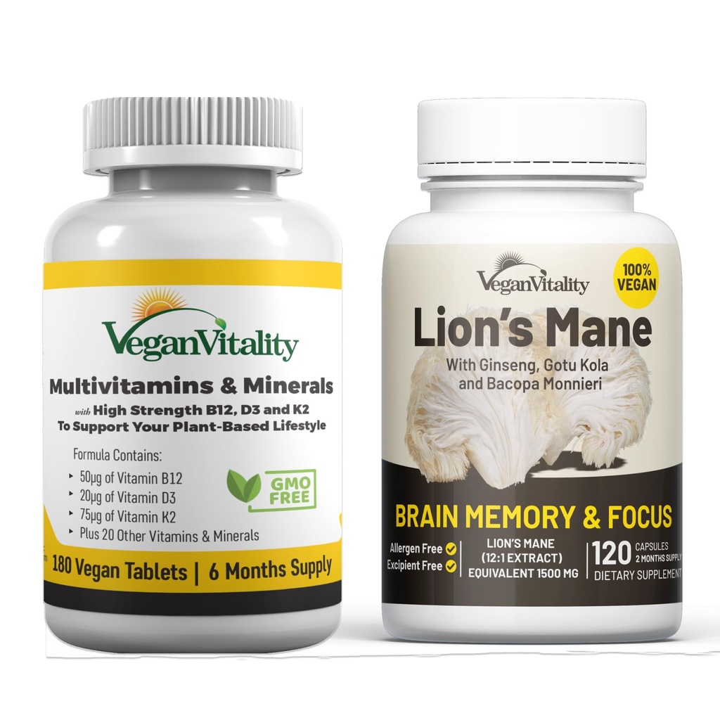 שם הסרטון: Vegan Vitality Brain Nutrition Bundle - Lions Mane Nootropic כמוסות ו- Multivitamins טבעוני. תוספי כוח גבוהים המבוססים על צמחים עבור זיכרון והתמקדות ובריאות כוללת עבור טבעונים וצמחונים