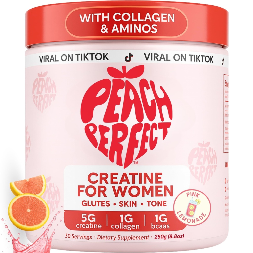 Peach Perfect Creatine for Women - Micronized Creatine Monohydrate אבקת עם BCAA & Collagen for Glute Power Support, Boosts Energy, Focus, Power, and Endurance - פינק Lemonade, 30 משרתות