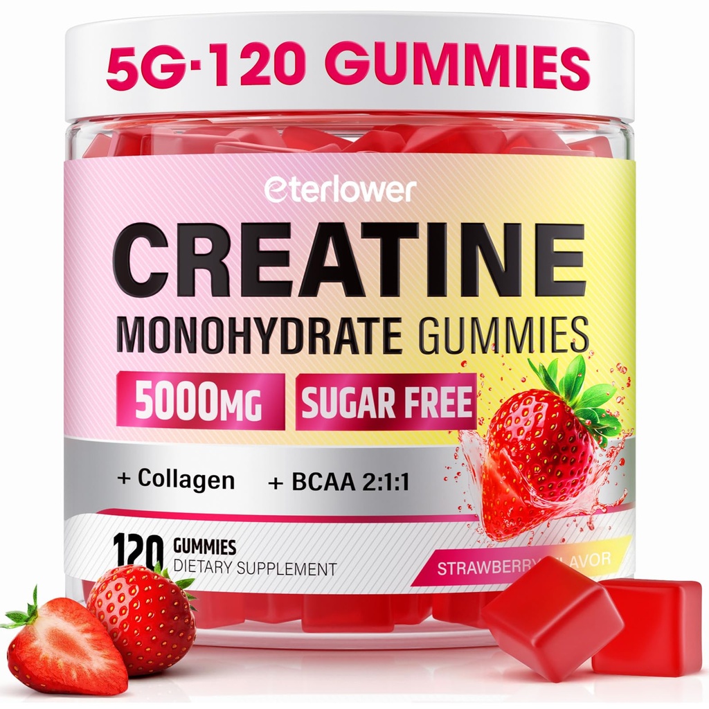 Creatine Monohydrate חניכיים, 5g Creatine חניכיים לנשים וגברים.Pre-Workout & שריר תמיכה, מכיל BCAA, Collagen, Sugar-Free, 120 Count Count