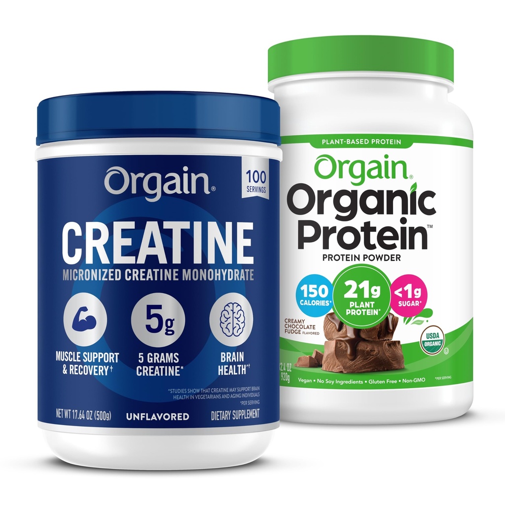 Orgain Creatine Monohydrate אבקה (17.64 Oz, 100 משרתים) ואבקת חלבון שוקולד טבעוני אורגני (.03 lb) Bundle - חלבון מבוסס צמחי ותמיכה שרירים