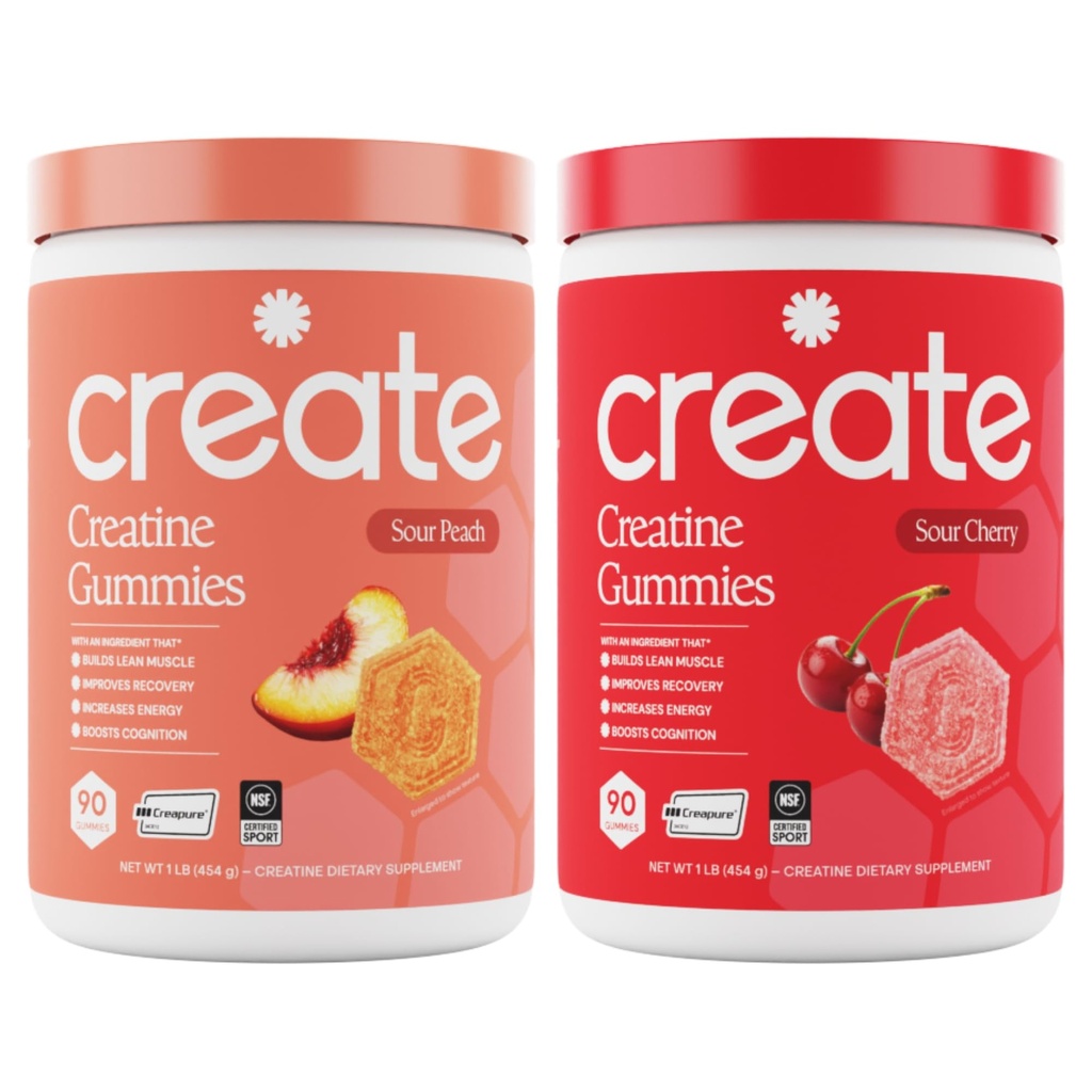 צור Creatine Monohydrate חניכיים - Peach Pump Duo - Sour Peach & Sour Cherry - Creatine Gummies for Women & Men, NSF מוסמך, 3rd Party Tested, Anti-Melting Formula, 180 Count (2-Pack)