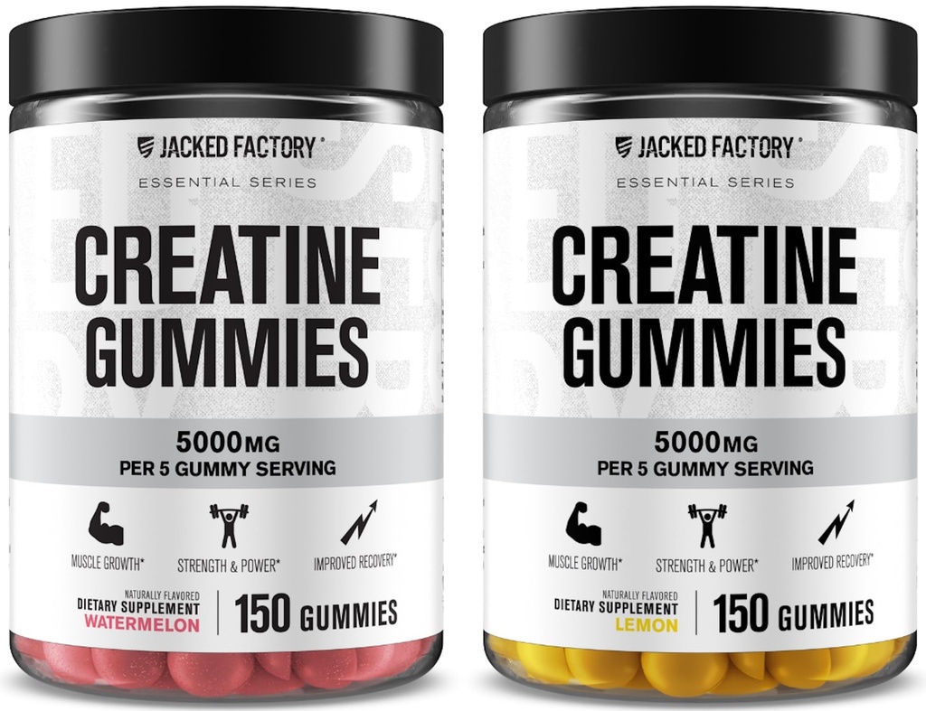 Jacked Factory Creatine Monohydrate Gummies 5g Daily Dose (1g per Gummy) - קריטין חניכיים לגברים ונשים, טבעונית-ידידותית, נסיעות-חלק שלישי נבדק - 150 מסטיקנים, Watermelon & לימון