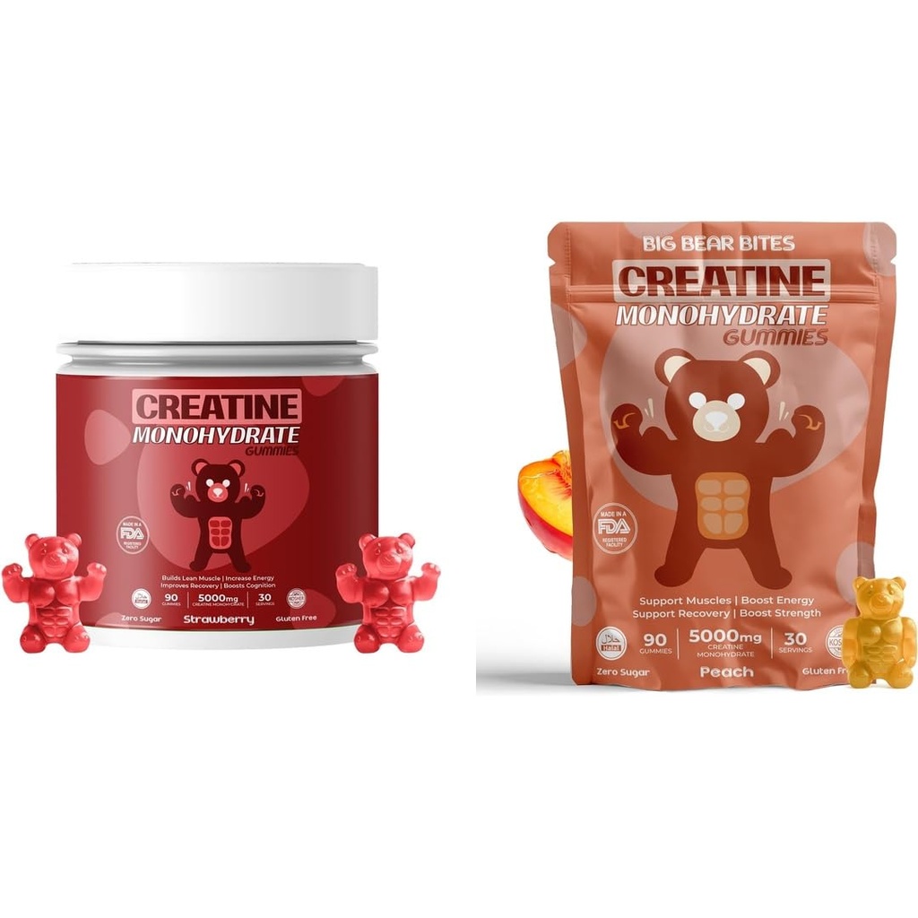 Creatine Monohydrate Gummies Bundle - Strawberry & Peach | 5000 מ"ג פרי | סוכר חינם, Gluten-Free & Halal | 180 חניכיים שלמות (2 x 90 Count) עבור גברים ונשים
