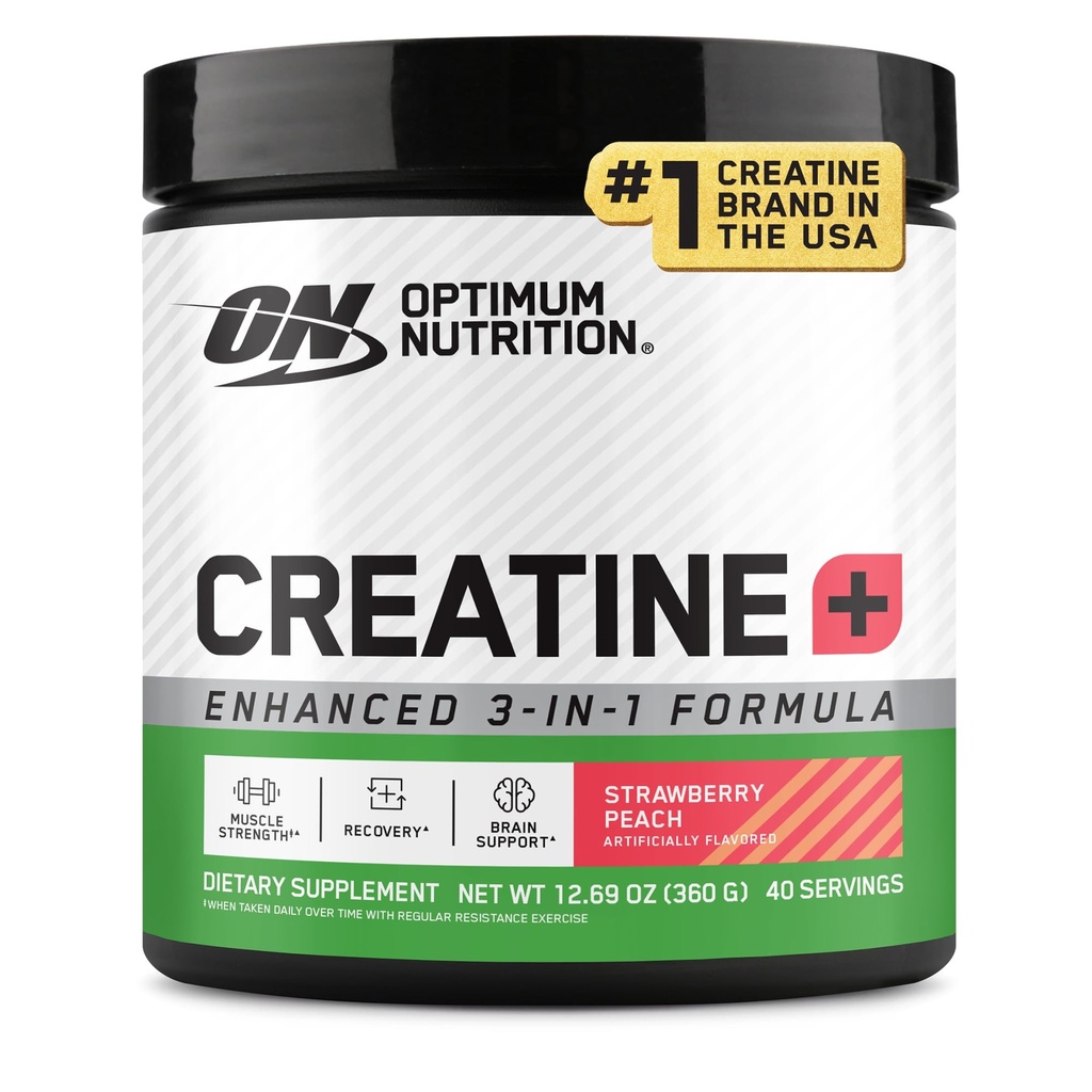 Optimum Nutrition Creatine Monohydrate Plus אבקת, Strawberry Peach Flavored Creatine Performance בלנדר, עם אלקטרוליטים עבור הידרציה, תוספות ויטמינים, 40 משרתים, 360 גרמות (Packaging May Vary)