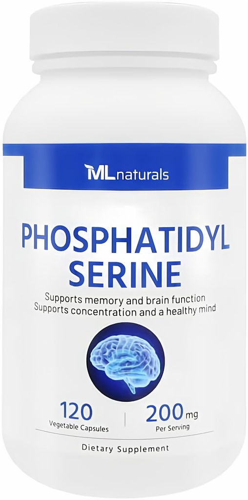 ML Naturals Phosphatidyl Serine 200 מ"ג (Standard) 120 קפסולות ירקות. תמיכה בתפקוד הזיכרון והמוח, Non-GMO, NSF-Certified & cGMP-Compliant