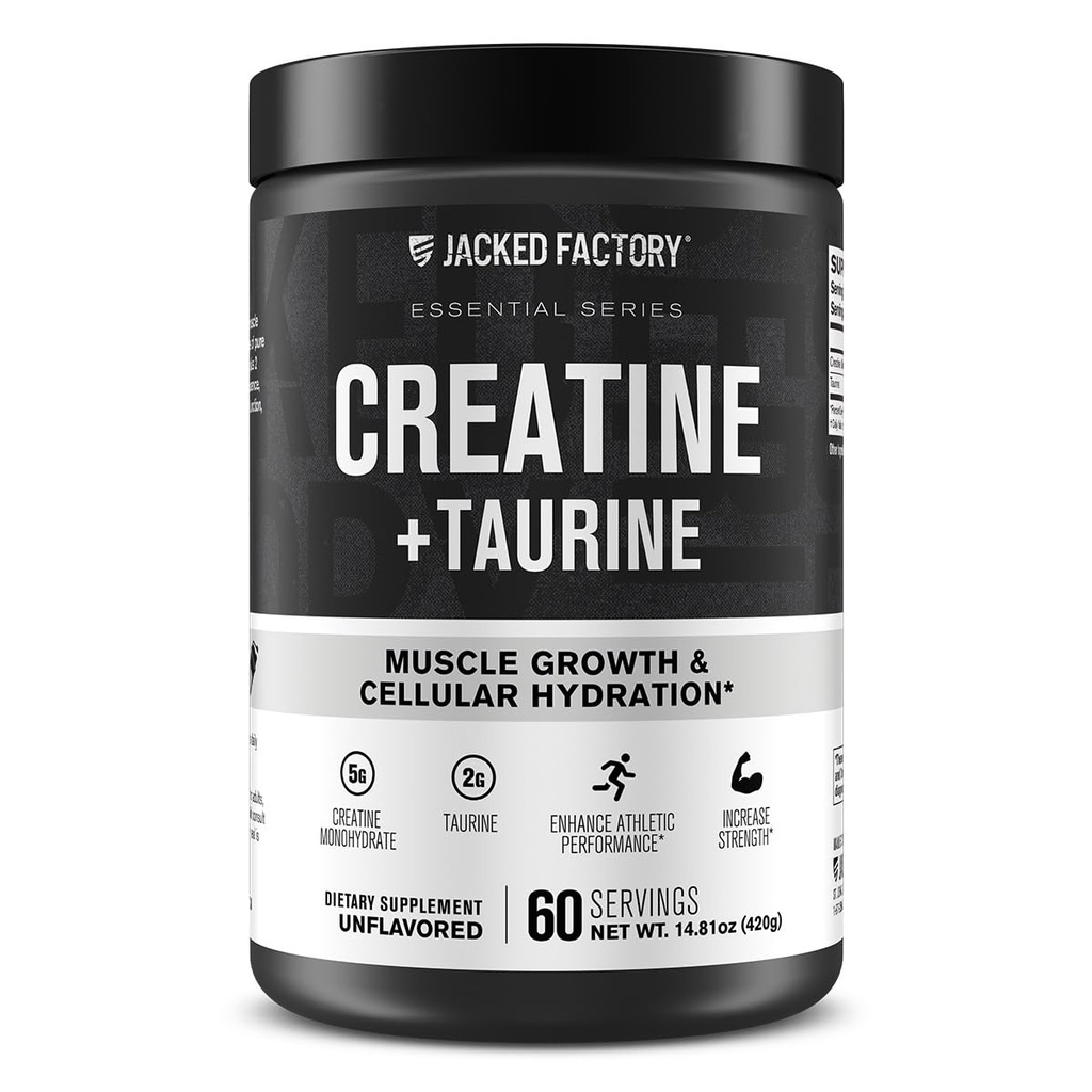 Jacked Factory Creatine + Tairine - Creatine Monohydrate 5000 מ"ג עם טאורין 2000 מ"ג על חוזק שרירים מוגברת ושיקום סלולרי - 60 משרתים, Unflavored