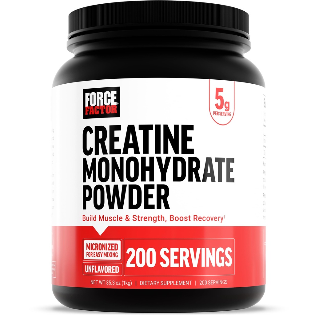 כוח גורם Creatine Monohydrate אבקה, 5g Micronized Dose כדי לתמוך צמיחה שרירים, כוח, שיקום, בריאות קוגניטיבית וזיכרון, Unflavored, 200 משרתים