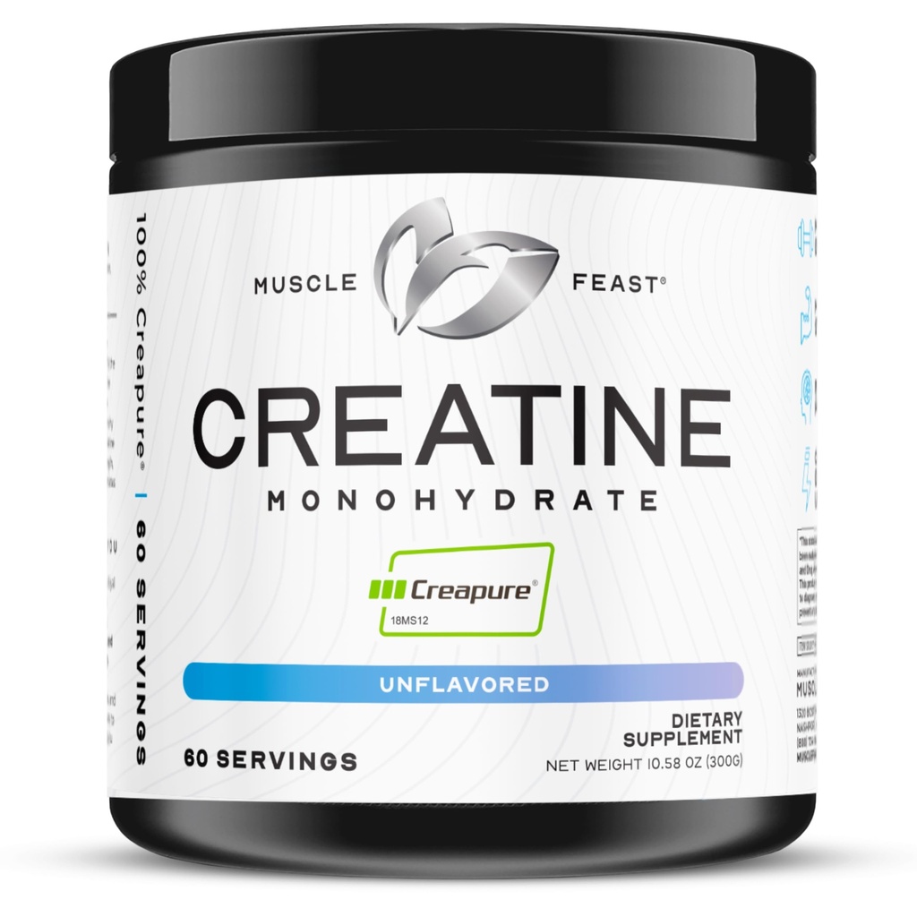 שריר Feast Creapure Creatine Monohydrate אבקת, טבעוני Keto Friendly Gluten-Free, Mass Gainer, שריר התאוששות תוספת ואמין קריטין עבור צמיחה שרירים, אבקת קריטין, Unflavored, 300gg