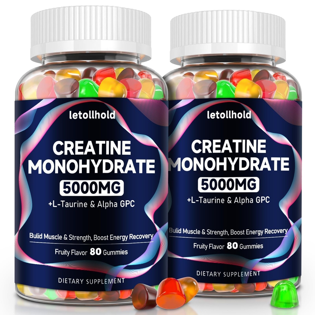 Creatine Monohydrate Gummies 5g עבור נשים וגברים - קריטין חניכיים עבור נשים נשים טרום עבודה צ 'לא זמין עם L-Taurine & Alpha GPC, סוכר חינם שריר בונה, אנרגיה Boost, טבעוני non-GMO ( Count160)