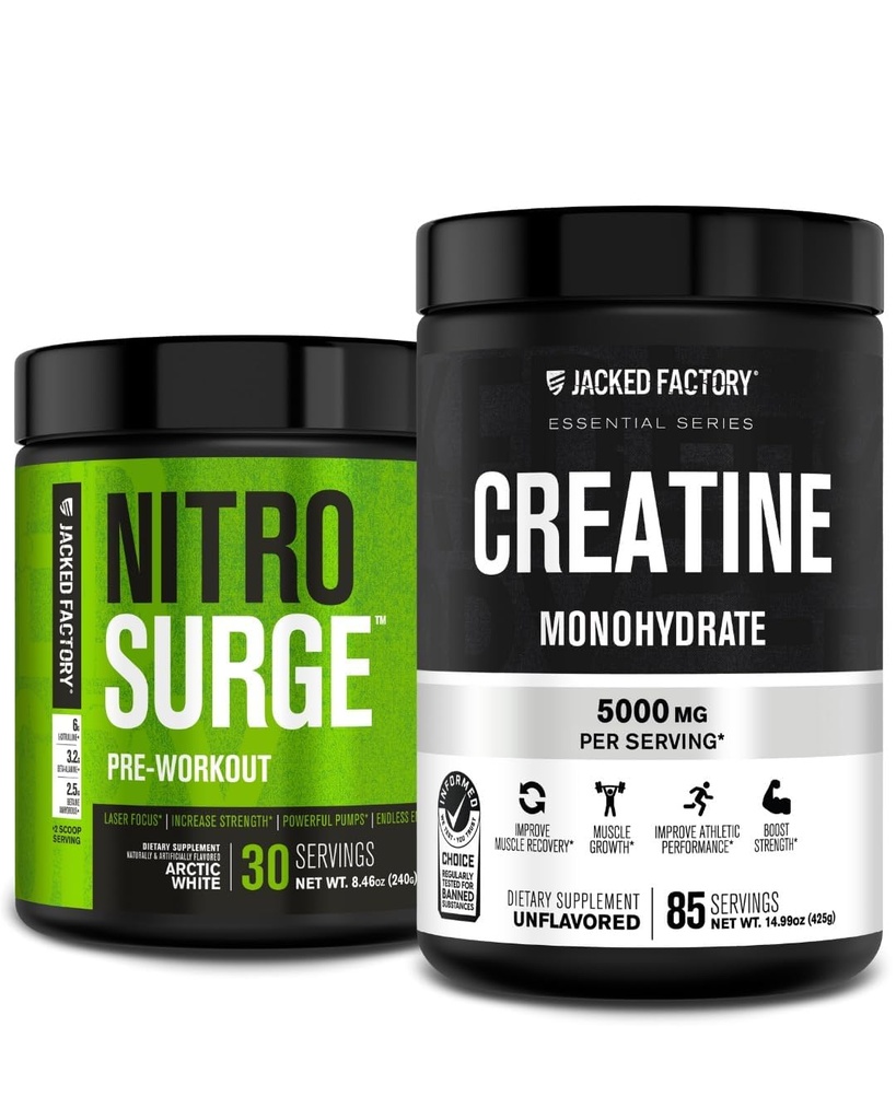 מפעל ג'ק Nitrosurge Pre-Workout & Creatine Monohydrate - אבקת טרום עבודה עם Creatine עבור צמיחה שרירית, כוח מוגבר, אנרגיה ללא סוף - Arctic White Preworkout & Unflaved Creatine