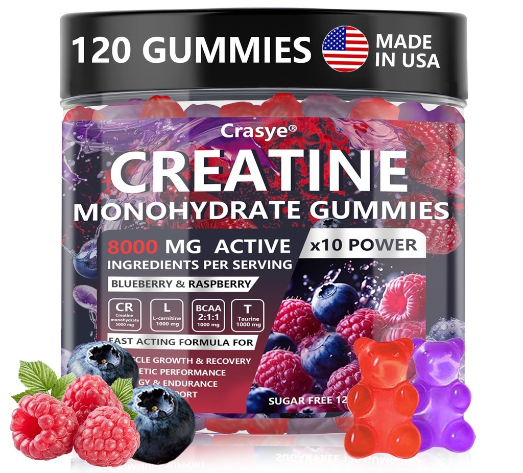 Creatine Monohydrate Gummies מורכב 8000 MG עבור נשים גברים, קריטין מסטיקמי עם טאורין BCAA עבור תמיכה אנרגיה וכוח שרירים, סוכר חינם Pre-Workout תוספת תוספת עבודה