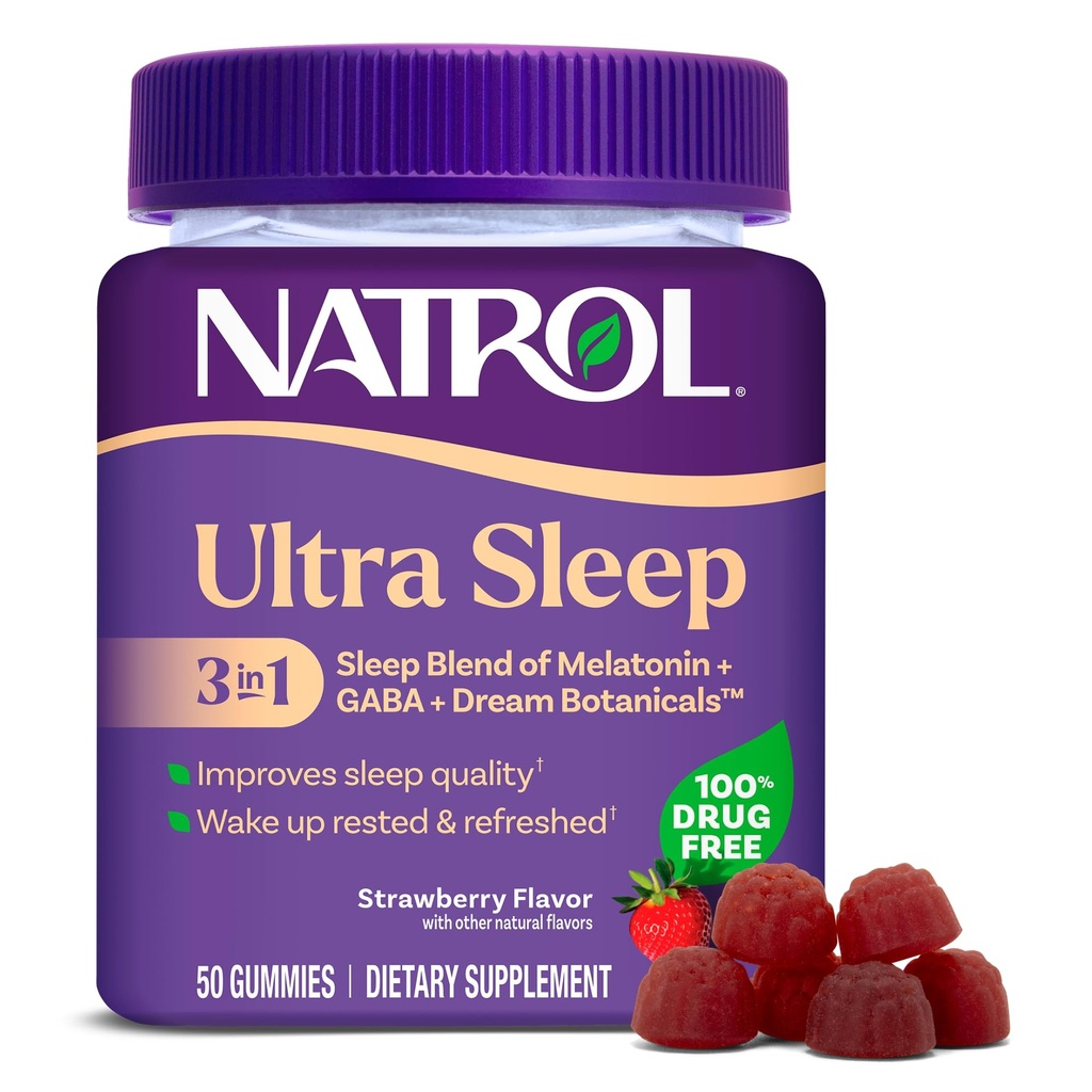 Natrol Ultra Sleep 3in-1 100% אלכוהול ללא סמים עם מלטונין, GABA & הבוטנים, תוספי תזונה, Non-Habit Forming, 50 חניכיים