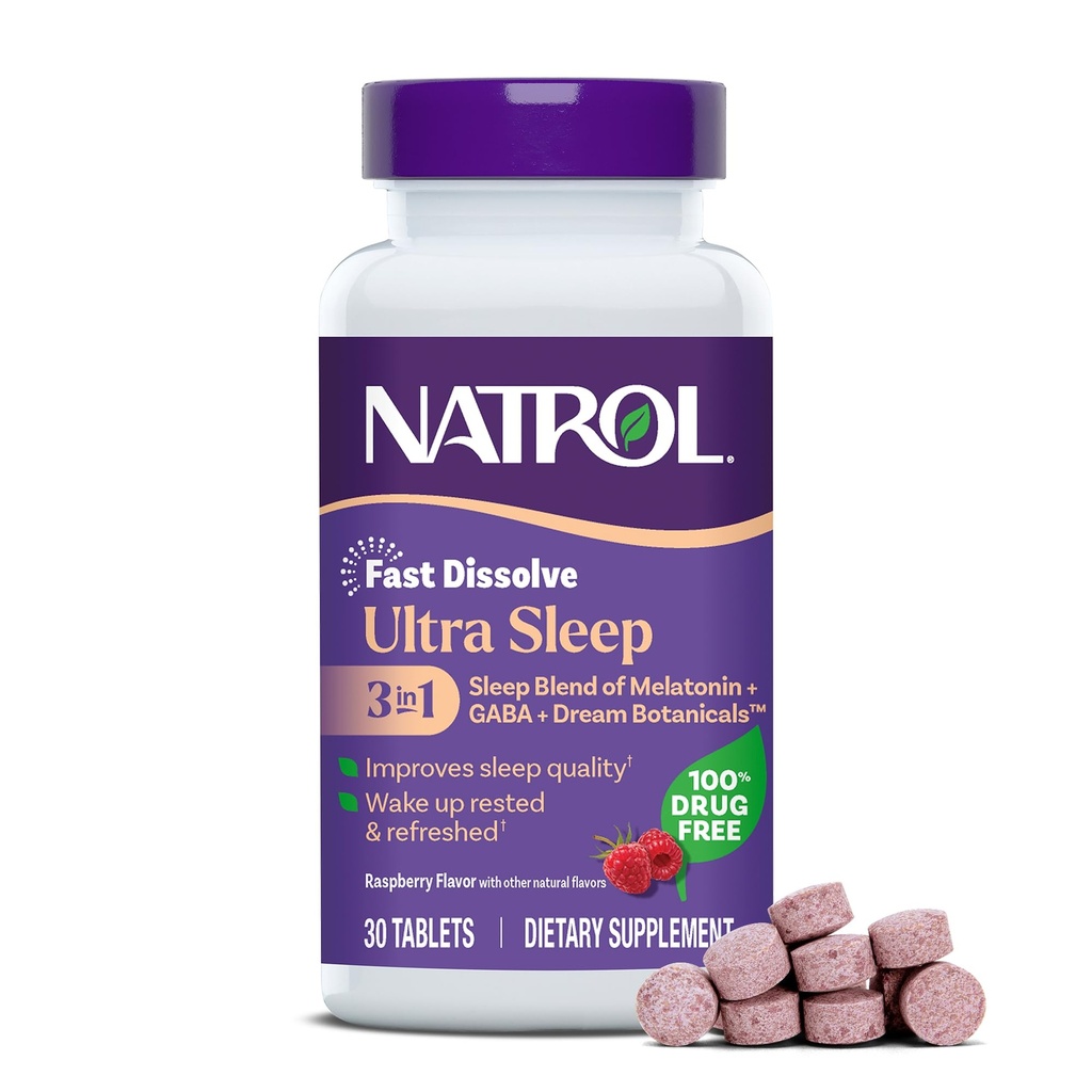 Natrol Ultra Sleep 3in-1 100% אלכוהול ללא סמים עם מלטונין, GABA & הבוטנים, תוספת דיאטנית, Non-Habit Forming, 30 טבליות לדיסקלוט מהיר