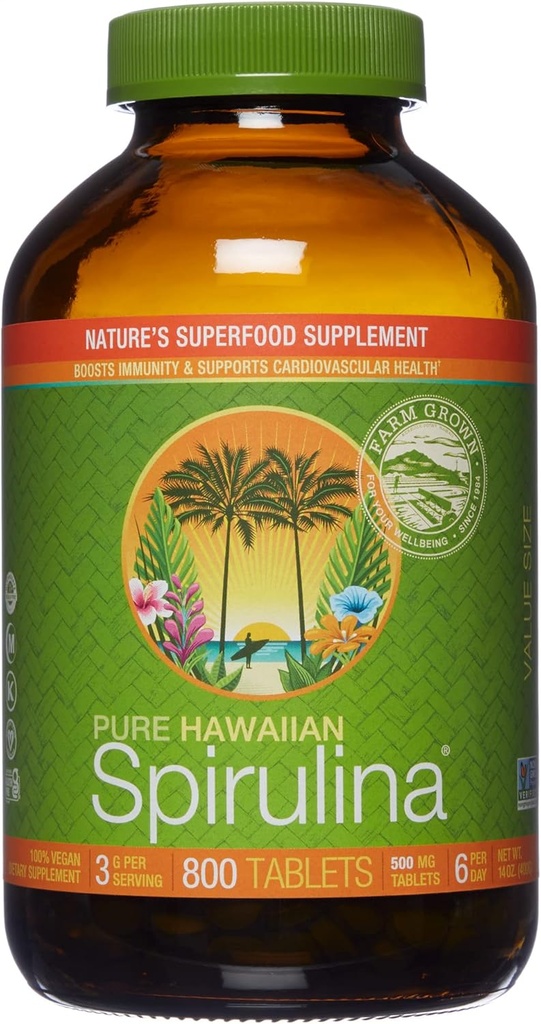 Nutrex הוואי, Pure הוואי Spirulina 500 מ"ג, טבעוני, תומך מערכת החיסון, הלב, תאים ואנרגיה, 800 טבליות