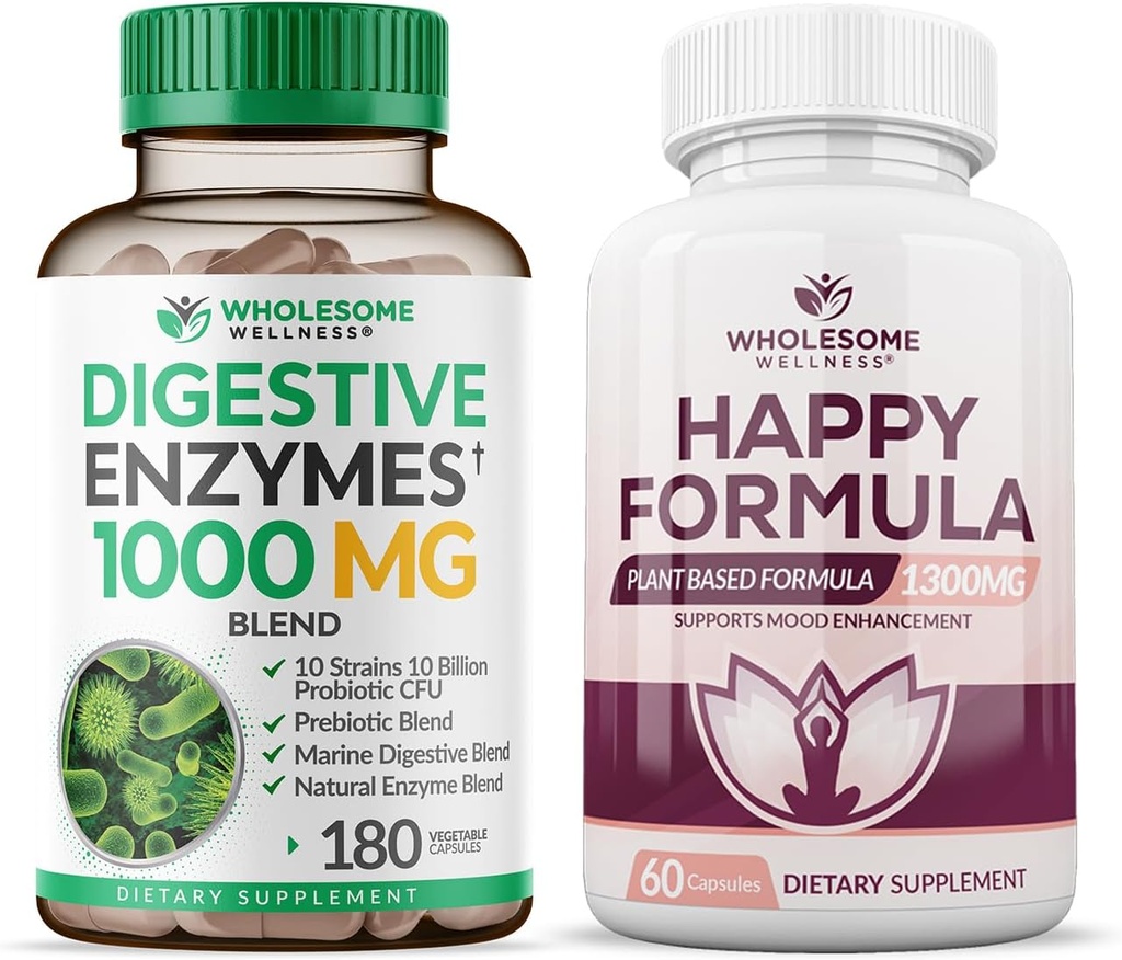 Allsome Health Digestive Enzymes 1000MG Plus Prebiotics & Probiotics תוסף + Happy Formula Natural Stress פורמולה טבעית תוספת לנשים וגברים בונדלה