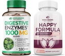 Allsome Health Digestive Enzymes 1000MG Plus Prebiotics & Probiotics תוסף + Happy Formula Natural Stress פורמולה טבעית תוספת לנשים וגברים בונדלה