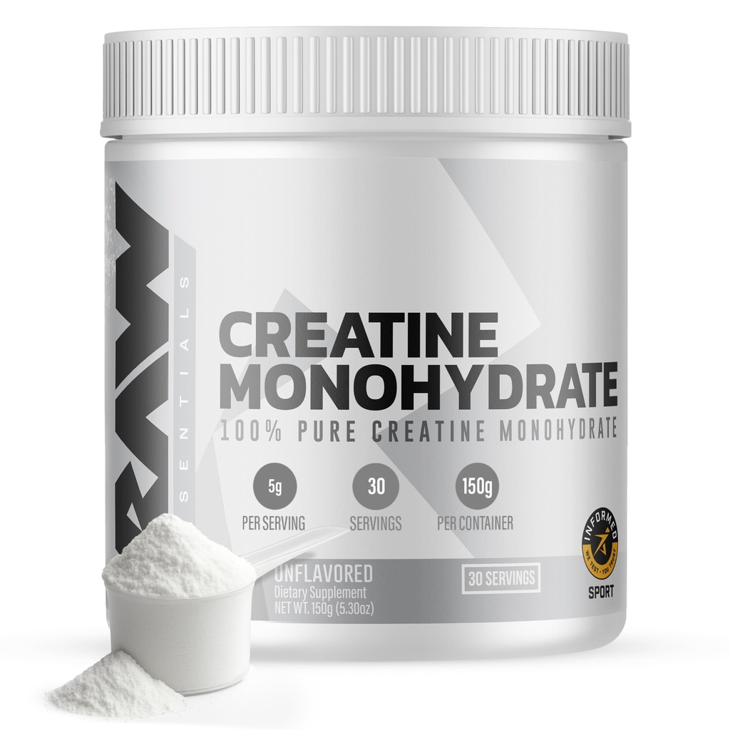 RAW Nutrition Creatine Monohydrate אבקה, Unflavored (30 משרתים) - תוסף Micronized Creatine Monohydrate עבור ביצועי עבודה, לבנות שריר וכוח - אבקת קריאטין לגברים ונשים