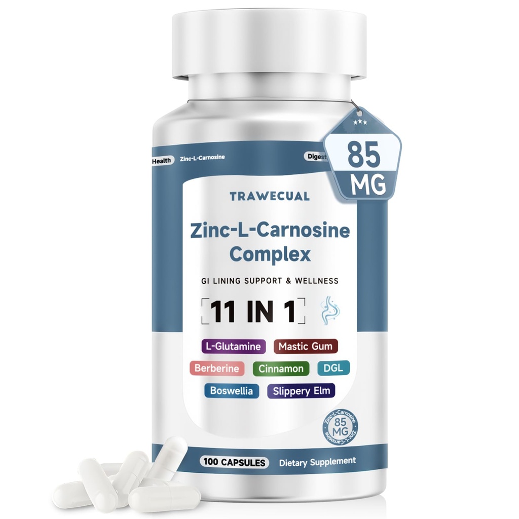 Zinc L Carnosine Complex 85mg, 11-in-1 Digestive & Gut Health Support Supplement, with Soothing Herbal Extract Blend, L-Glutamine & Mastic Gum, 100 Capsules, Non-GMO, Vegan