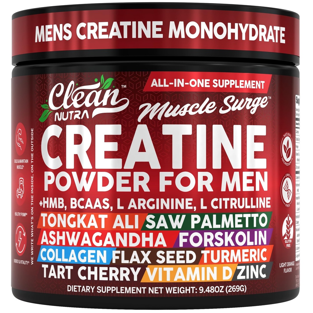 אבקת Nutra Creatine עבור גברים + HMB BCAA L Arginine L Citrulline Tongkat Ali Saw Palmetto Ashwagandha Collagen Flax Seed Turmeric Preworkout Stevia Nitric Oxide L Glutamine Amino Acids