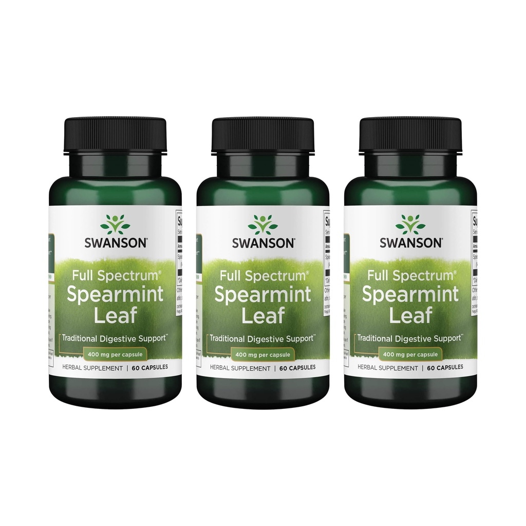 Swanson Spearmint Leaf (Mentha Spicata)-Full Spectrum Herbal תוסף תומך בבריאות העיכול & Mild Stomach בעיות - (60 קפסולות, 400 מ"ג כל) 3 Pack